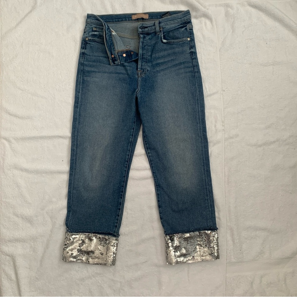 7 for all mankind LUXE VINTAGE SILVER SEQUIN BOYFRIEND JEAN-Cotton Blend-Size 31